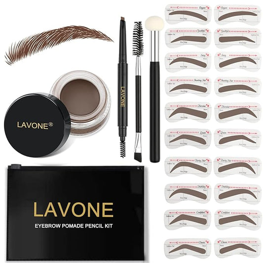 Eyebrow Stamp Stencil Kit for Eyebrows, Brow Stamp Trio Kit with Waterproof Eyebrow Pencil, Eyebrow Pomade, 20 Eyebrow Stencils, Dual-ended Eyebrow Brush and Sponge Applicator - Black Brown