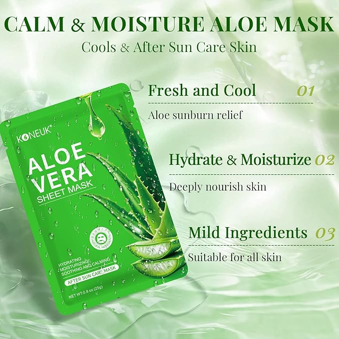 KONEUK 30 Pack Aloe Vera Hydrating Face Masks Skincare, Moisturizing & Soothing Sheet Face Mask for Skin Care, Bulk Aloe Face Masks for After Sun Care and Sunburn Relief