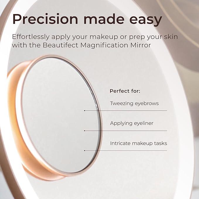 Beautifect 7X Magnifying Mirror - Compact Travel Mirror with Vegan Leather Sleeve - Matte Gold