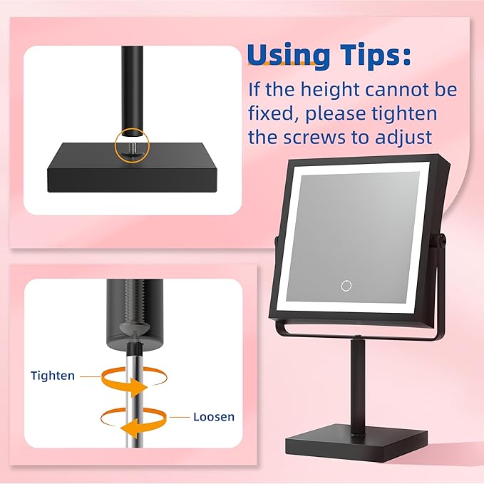 Ruacq Vanity Mirror with Lights, Height & Brightness Adjustable, Rechargeable 4000mAh Lighted Makeup Mirror with Magnification 1X/10X, 3 Color Lights & 360° Rotation (Matte Black-Table)