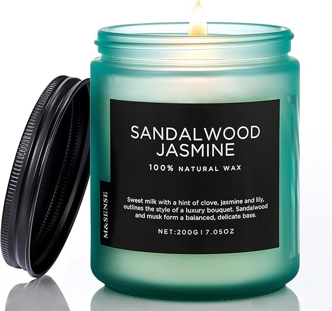 M&SENSE Sandalwood Jasmine Scented Candles, Natural Soy Wax Best Smelling Candle 7.05oz 50 Hour Burning Floral Non Toxic Single Cotton Wick Aromatherapy Gifts for Women Friend