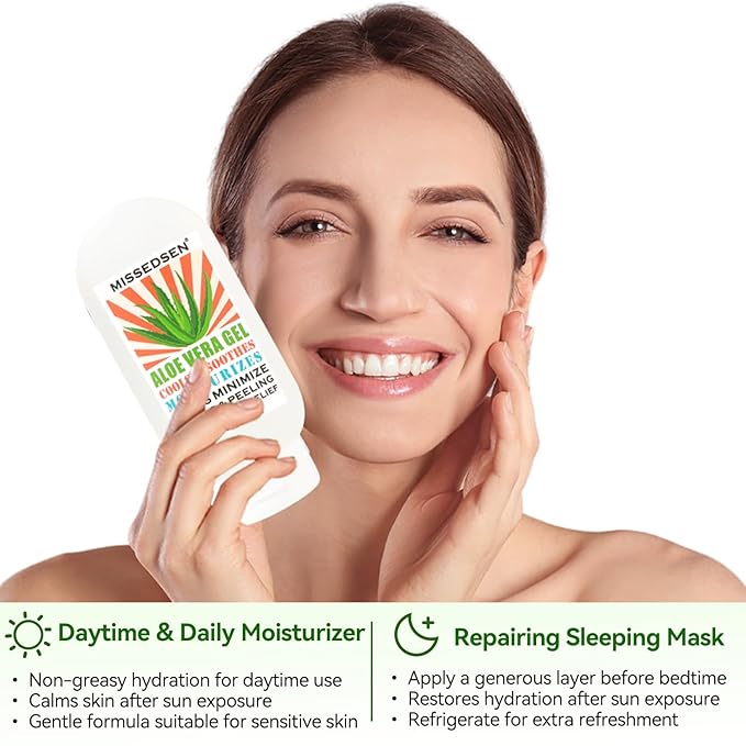 MISSEDSEN Pure & Organic Aloe Vera Gel for Sunburn Relief, After Sun Lotion for Face & Body Skin Care, Daily Facial Moisturizer & Acne Spot Treatment 7 OZ