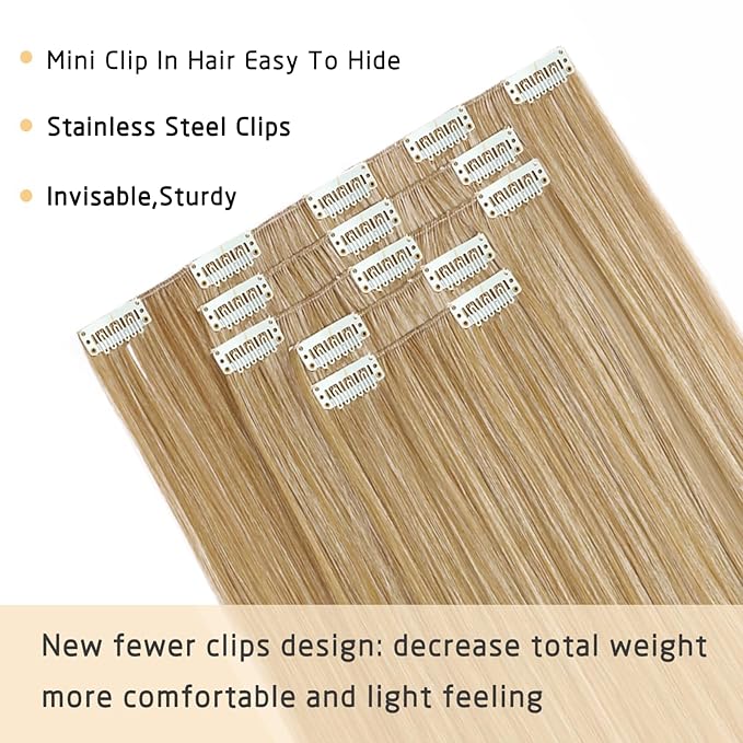 Hair Extensions Clip Ins Synthetic 18 Inch Long Straight Invisible Extension 5PCS Soft and Natural Fake Cheap Clips on Hairpieces for Women Party Daily Use 6.5 Oz Golden Brown Mix Bleach Blonde