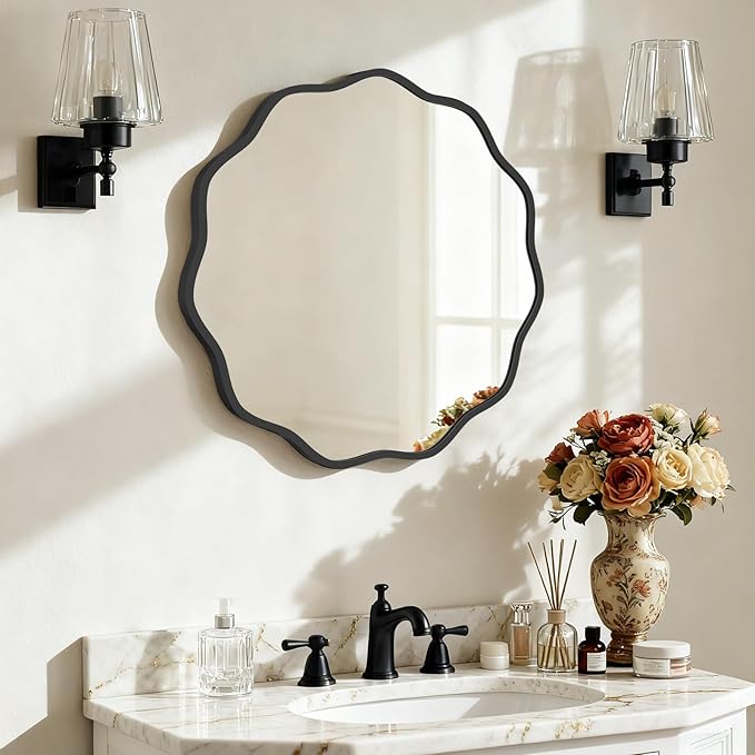 HOMECOOKIN 24 Inch Wavy Round Wall Mirror, Round Wavy Wall Mirror with Aluminum Frame for Bathroom Upgrades, Hotels, Dressing Tables,Farmhouses