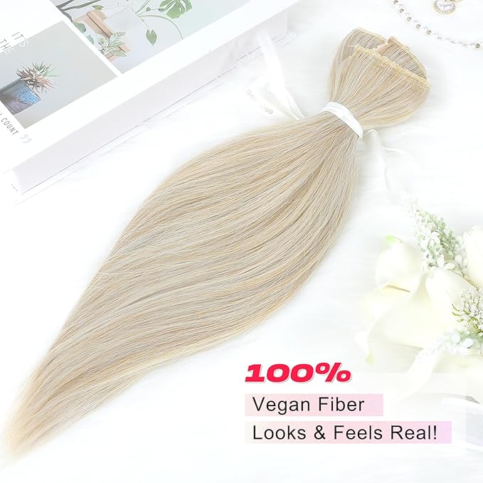 Hair Extensions, 14" Short Clip in Hair Extensions 4PCS Straight Natural Soft Synthetic Hairpiece for Women - Ash Blonde with Highlights