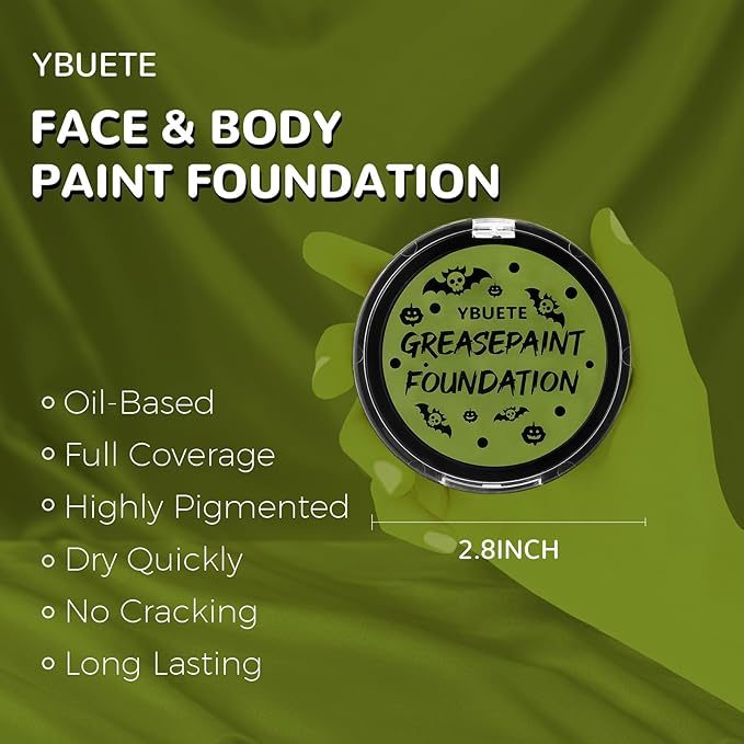 Ogre Green Foundation Oil Based Face Paint, Professional Green Greasepaint for St. Patrick's Day, Halloween Face Painting for Witch Shrek Hulk Goblin Monster for Adult Carnival & Costume Party
