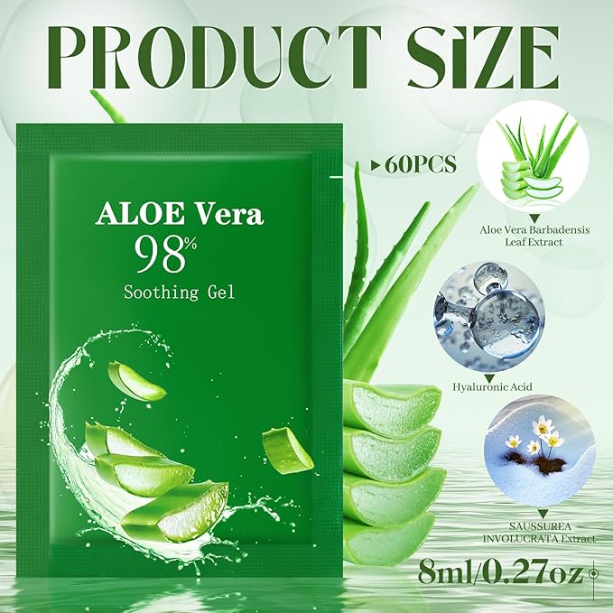 Siifert 60 Pcs Travel Size Aloe Vera Gel 98% Organic After Sun Moisturizer for Face, Body, Soothing Hydrating Lotion Bulk for Winter Vacation, Guests Skin Care Gifts
