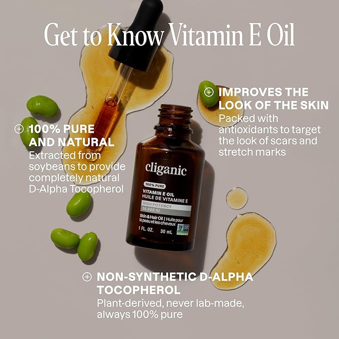 Cliganic Pure Vitamin E Oil for Skin, Scars, Hair & Face - 120,000 IU, Non-GMO Verified | Natural D-Alpha Tocopherol