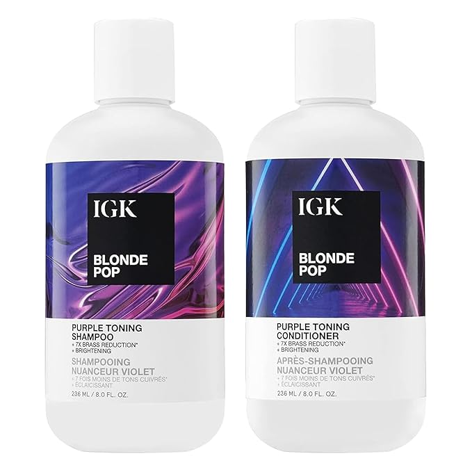 IGK BLONDE POP Purple Toning Shampoo & Conditioner Set | Neutralizes Brass + Brightens Blonde | Vegan + Cruelty-Free | 8 oz (Pack of 2)