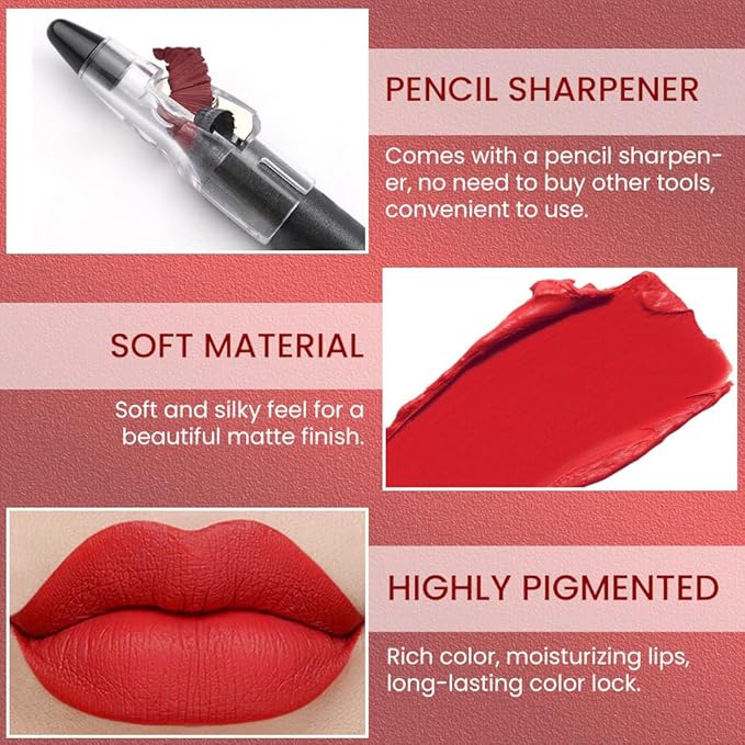 JUAAZIN True Red Matte Lip Liner Crayon with Sharpener - Waterproof Smudgeproof Long-Wear Lip Pencil, Creamy Pigmented Lip Crayon for Women, 12HR Stay Silky Velvet Lip Liner 04#