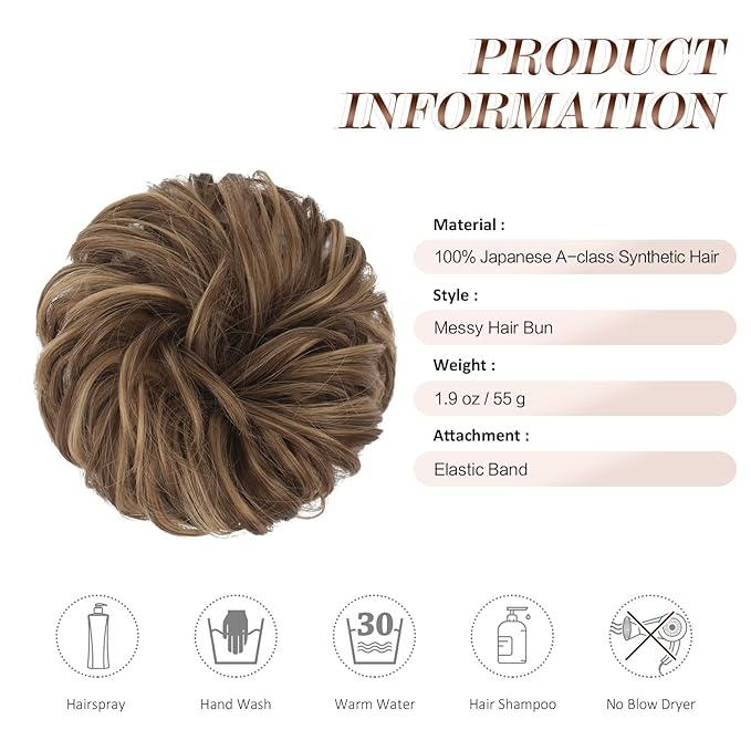 FESHFEN Messy Bun Hair Pieces - Large Wavy Curly Elastic Hair Bun Scrunchies Ponytail Extensions Synthetic Chignon Hairpieces for Women, Brown Mixed Honey Blonde 1.94oz
