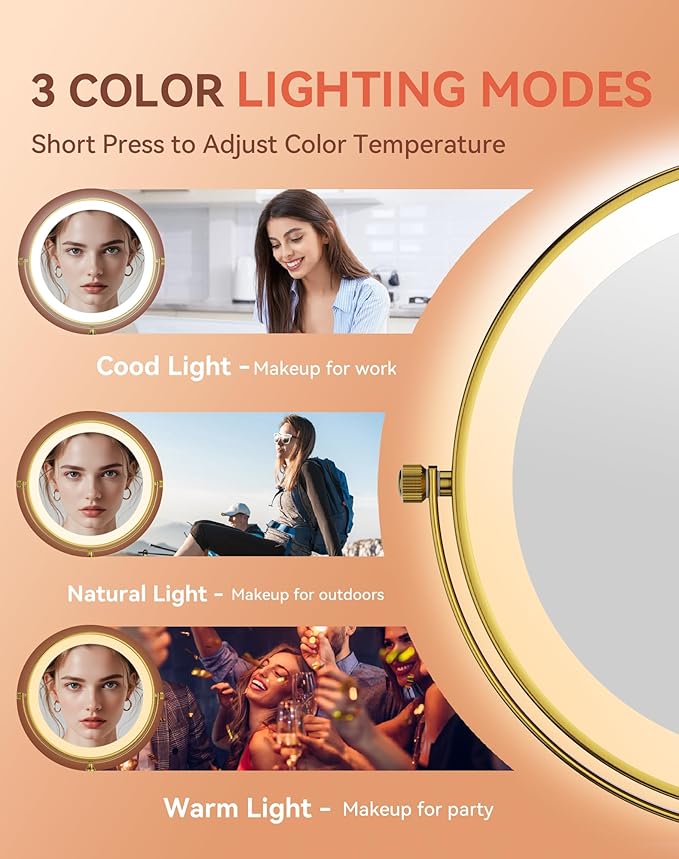 GURUN 8" Rechargeable Wall Mounted Makeup Mirror- 10X Magnifying Mirror with Light | 3 Color LED Lighting & Touch Control | 360° Rotation & Extended Arm | Dual-Sided Bathroom Mirror M1406DGJ(8",10X)
