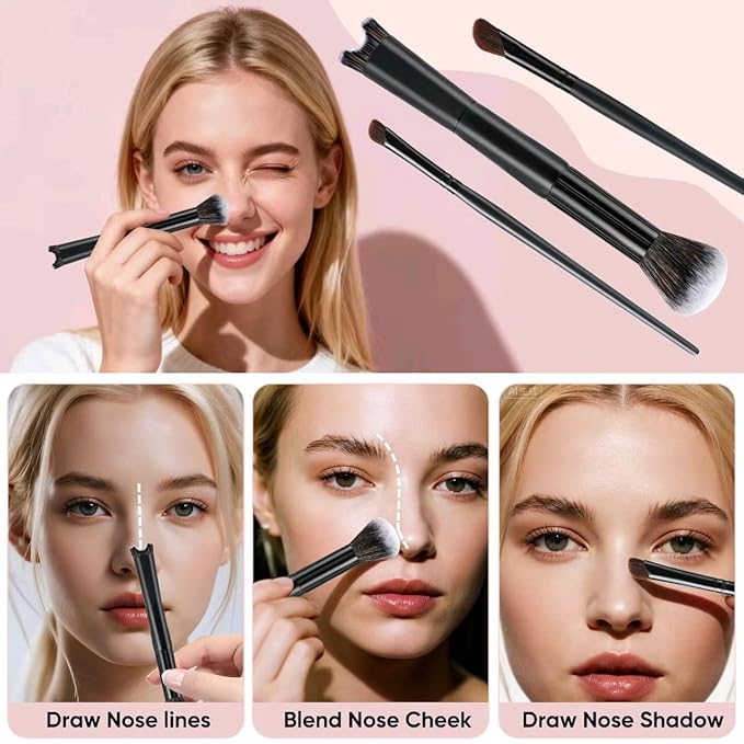 3pcs Nose Contour Brush Set，2-in-1 Nose Contour Brush，Professional Makeup Brush Set for Eye Shadow and Shaping Beauty