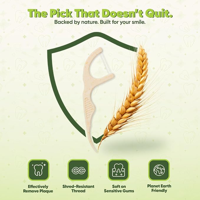 Dual Line Dental Floss Picks - Straw Wheat Flossers | Thin & Shred-Resistant Thread for Tight Gaps | Dental Flossers for Adults | Gentle on Gums & Teeth (200 Pack, Mint)