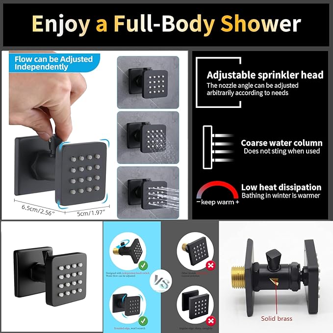 AYIVG Matte Black Multi Function Luxury Thermostatic Shower System 4 Functions Temperature Display Shower Set Rainfall Shower Head with Handheld Spray & 6PCS Body Spray Jets with ON/Shut off