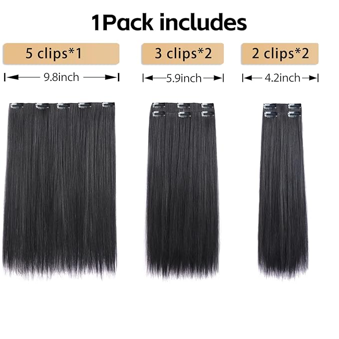 Natural Black Straight Hair Extension Clips 18 Inch Long Invisible Thick Synthetic Clip in Extensions 5PCS Soft and Easy Installation Hairpieces for Women Girls Weddings Party Daily Use 6.5 Oz