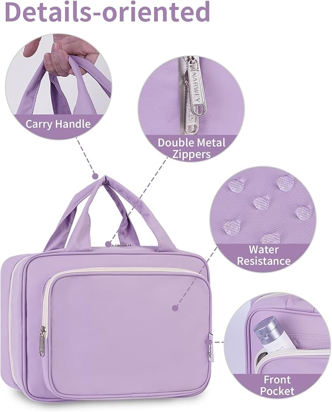 Narwey Travel Toiletry Bag for Women Large Hanging Makeup Bag Organizer Toiletries Bag for Full Size Essentials Accessories Cosmetics (Purple (Large))