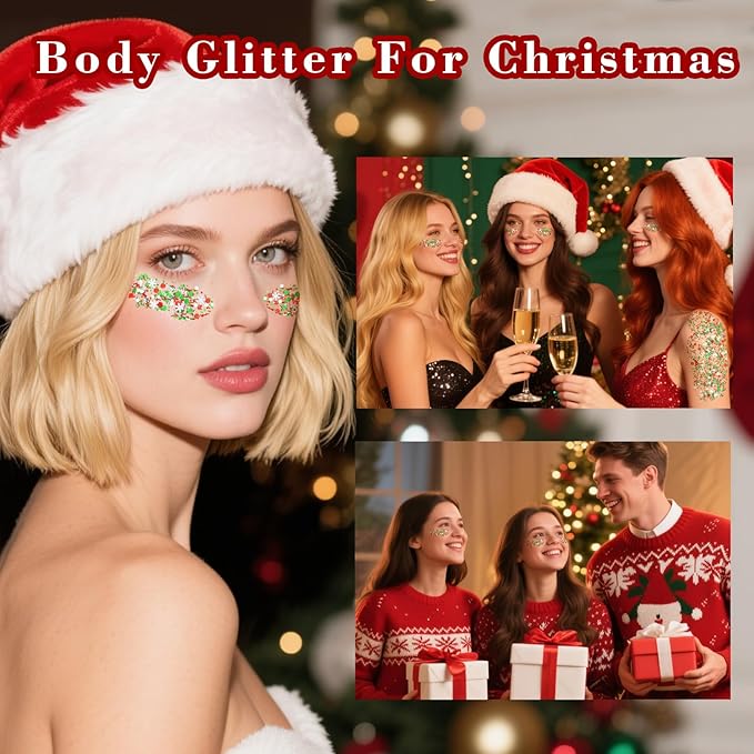 MEICOLY Christmas Face Body Glitter Gel,Holographic Hair Glitter,Christmas Accessories Stocking Stuffers Gift,Festival Face Glitter Makeup for Women Kids Girls,Self-Adhesive Chunky Glitter