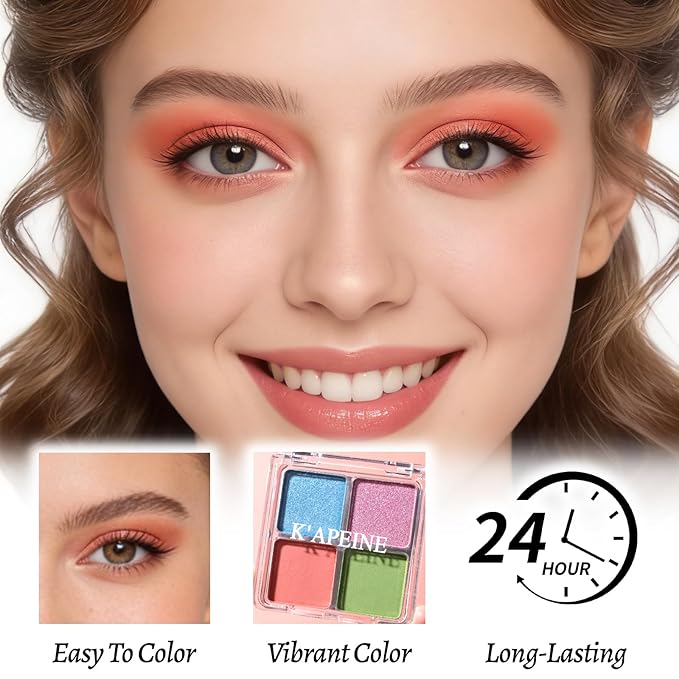 4 Colors Eyeshadow Palette Makeup, Blendable Long-lasting Matte Shimmer Eyeshadow Palette Eye Makeup Kit for Women Girls, paleta de sombras de ojos #3 (Green Pink Blue Orange)