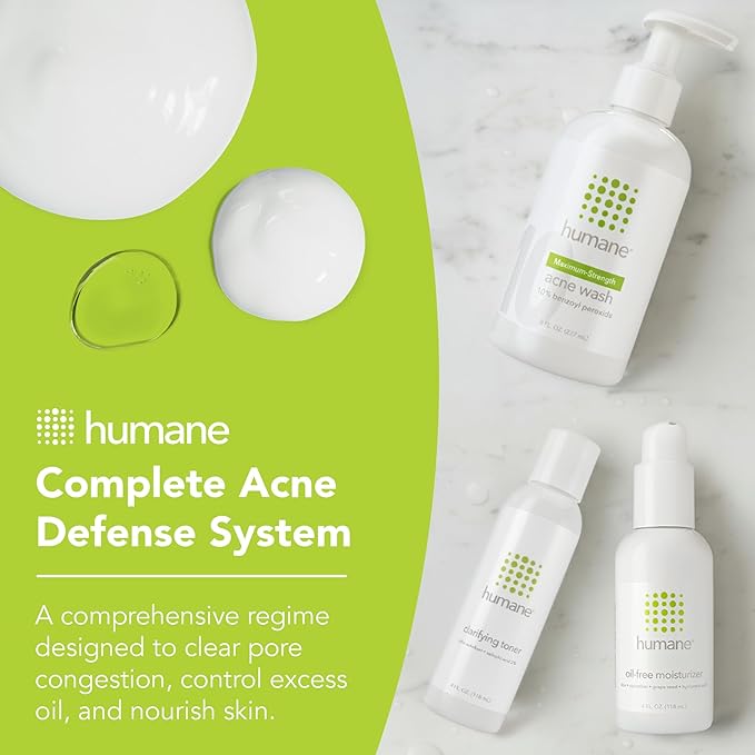 humane Maximum-Strength Acne Wash, Clarifying Toner, and Oil-Free Moisturizer Bundle - 10% Benzoyl Peroxide Acne Treatment