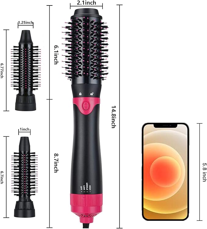 3 in 1 Hair Dryer & Volumizer, Ceramic Negative Ion Curling Dryer Styler with 3 Brush Heads (Rose Black)