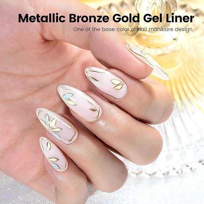 RARJSM Metallic Nail Art Gel Liner Bronze Gold Mirror Chrome 3D Effect Gel Nail Polish 8ml Build in Thin Brush Metal Painted Drawing Striper Painting Gelpolish Soak off Curing Requires for Home Salon
