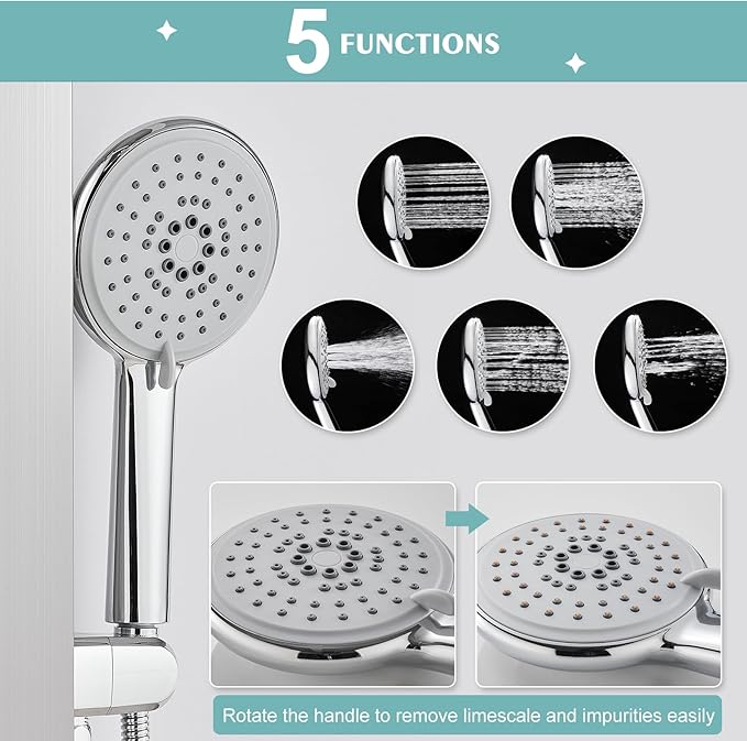 KINKIB Shower Panel Tower System with Adjustable Shower Head, Self-Cleaning Shower Tower with 2-Setting Powerful Body Jets and 5-Function Handheld Shower, Shower Column Brushed Stainless Steel