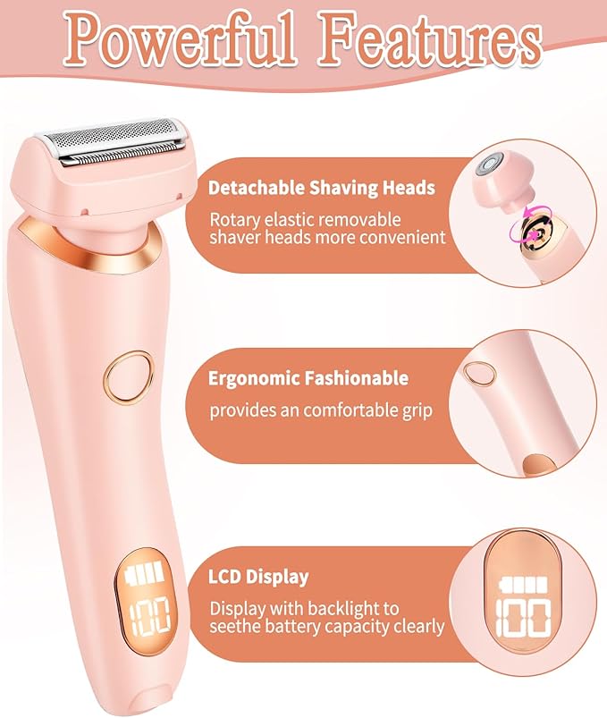 Bikini Trimmer for Women Electric Razors for Women, Double Head Dual Purpose, Waterproof Hair Razor, Ceramic Blade Hair Trimmer Wet & Dry Use, Painless Electric Shaver for Facial and Body (Pink)