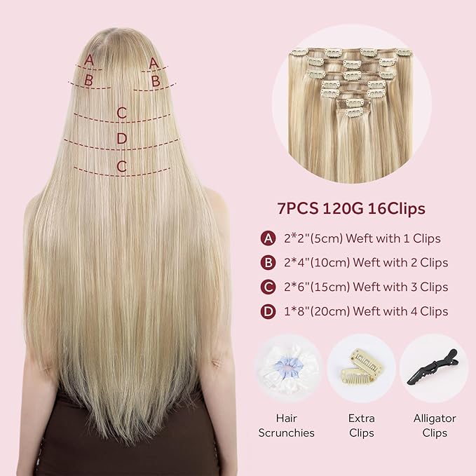 Clip in Hair Extensions Real Human Hair, Silky Remy Hair Extensions Clip Ins, Salon Quality Natural Human Hair, Light Blonde Highlighted Golden Blonde #P16/22 24Inch 120G 7PCS