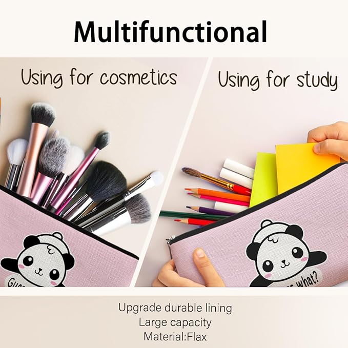 BARPERY Panda Gifts Pink Makeup Bag, Cute Baby Panda Guess What It's Pug Butt Cosmetic Bag, Travel Toiletry Bag for Daughter, Canvas Zipper Pouch