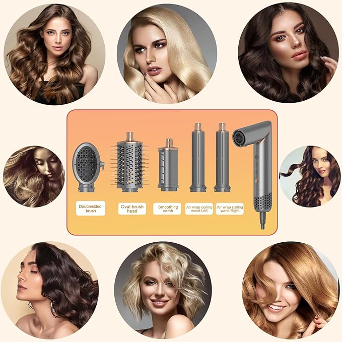 5 in 1 Hair Styler Curler & Air Dryer Brush, High-Speed Negative Ionic Foldable Hair Dryer Fast Drying, Multi Professional Hot Air Styler for Curling Volumizing Straightening Styling (Grey)