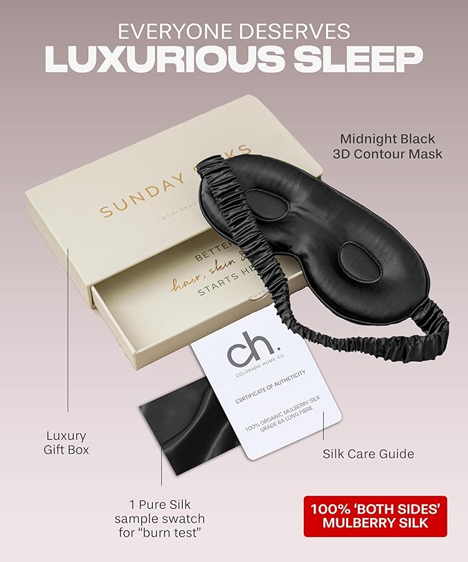 SUNDAYSILKS™ 3D Contoured Silk Sleep Mask | Padded Silk Eye Mask with Eye Cups for Lash Extensions | Blackout, Organic for Women & Men, Perfect for Travel, Slip-Free Deep Sleeping, Antifaz para Dormir