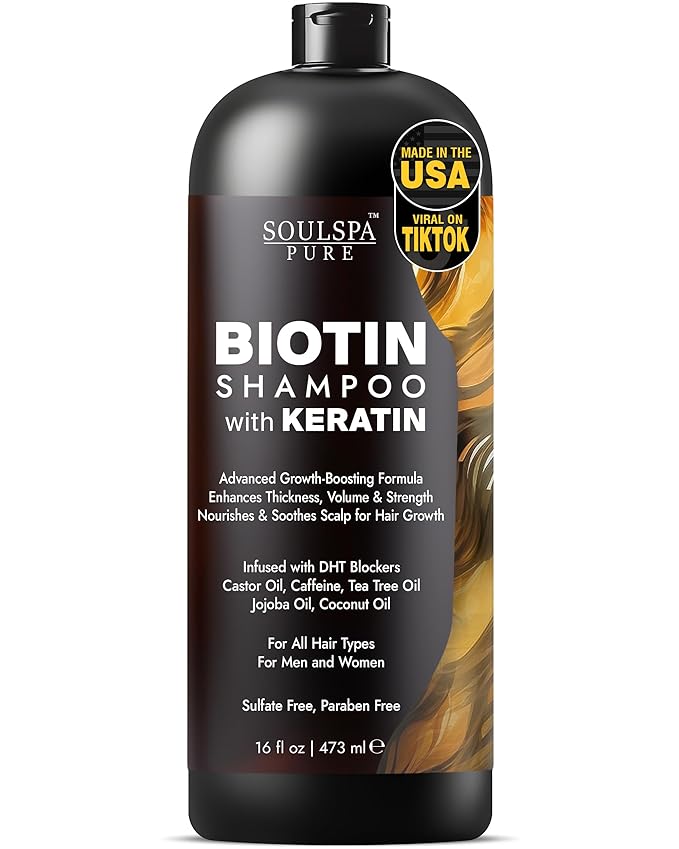 SOULSPA PURE Biotin Shampoo with Keratin - Advanced Anti-Thinning, Hair Growth & Repair Formula - Soothes Scalp, with Tea Tree Oil & DHT Blockers - Strong, Healthy Hair for Men & Women - 16 fl oz