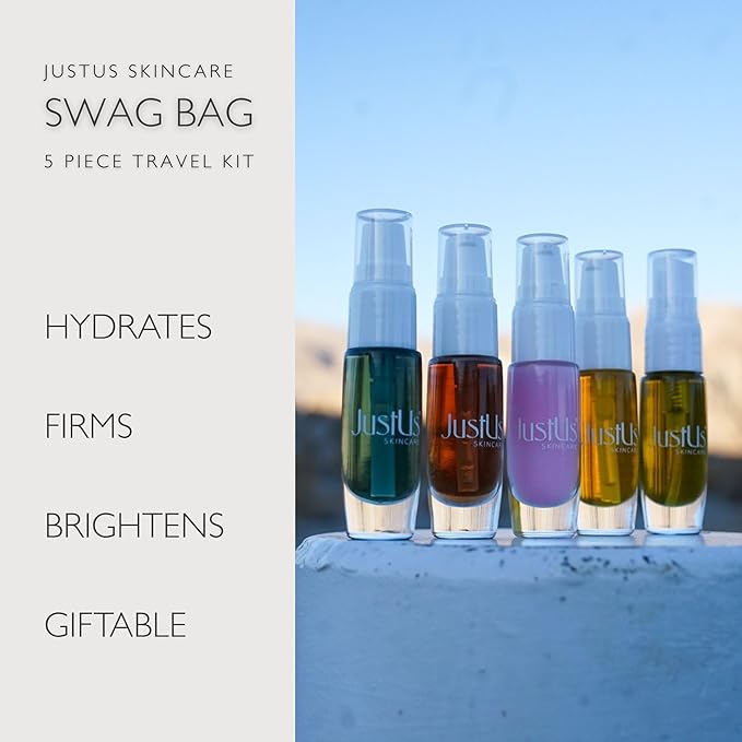 JustUs Skincare Mini Kit – 5 Piece Anti-Aging Travel Set for Hydration, Firmness, Brightening + Glow — Includes Free Travel Case | $115 Value