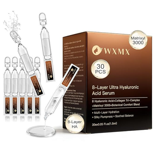 WXMX Ultra Hyaluronic Acid Serum–8 HA Forms for Multi-Layer Hydration&Anti-Aging Firmness Support, Matrixyl 3000, Collagen Tri-Complex, Peptide Repair Fusion&Botanical Extracts (0.05 Fl.oz x 30e)