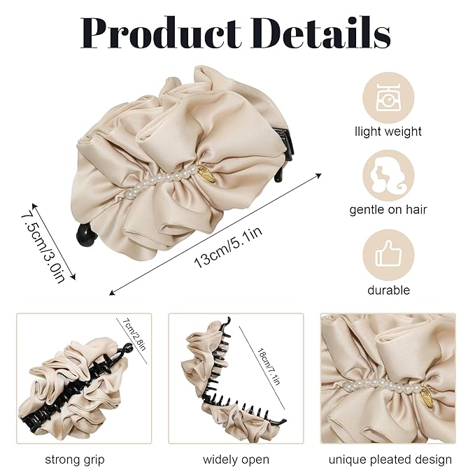 2 Pack Large Satin Banana Hair Clips for Thick/Long Hair, 5.5 Inch Jumbo Ruffled Ponytail Holder with Pearls, Non-Slip Vertical Clamp, Elegant French Vintage Accessories (Brown & Beige)