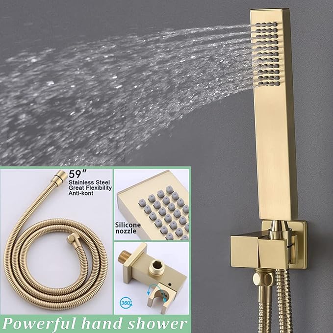 WHSHOWER Digital Display Shower Faucet Set With 14x20 Inch LED Rainfall Shower Head,Brass Handheld Sprayer And 6pcs Body Jets,Full Body Shower System (Brushed Gold)