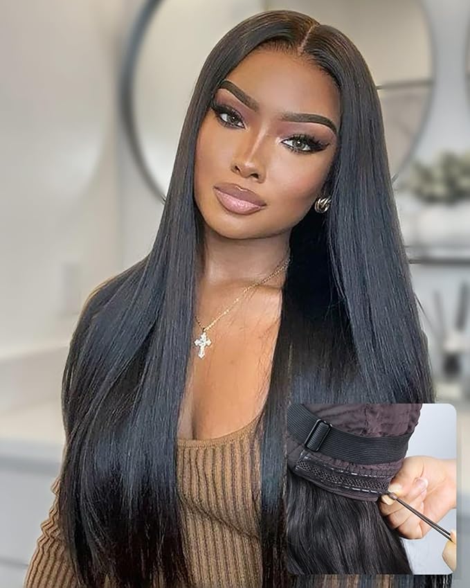 Glueless Drawstring Wigs Human Hair Pre plucked Pre Cut, 6x4 HD Lace Front Wear and Go Glueless Wig Straight with Drawstring Straight for Women 200% Density 28 inch