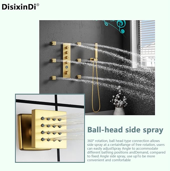35.5X12 Inch Ceiling LED Music Dual Rain Shower Head Fit 2 Person Bathroom, Smart Large Luxury Thermostatic Rainfall Shower System Fixtures Set (Brushed Gold, Shower System With Body Jets)