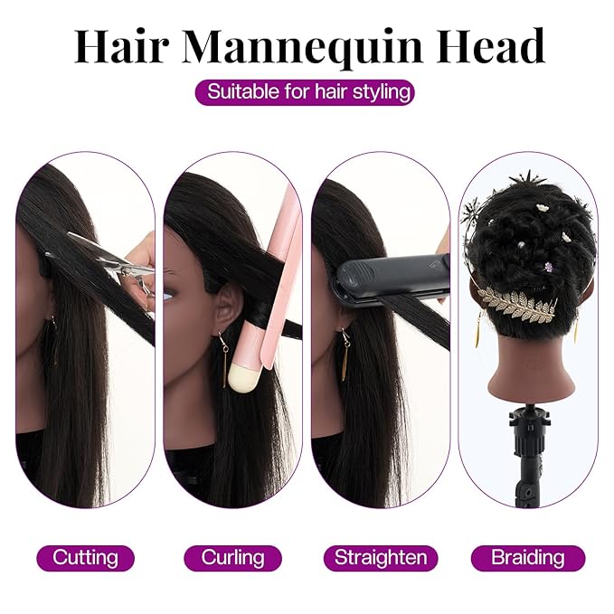 20 Inch Mannequin Head Human Hair with Stand,100% Real Hair Mannequin Head for Braiding,Cosmetology Manikin Doll Head for Styling with Mannequin Head Stand Table Clamp Hair Braiding Set