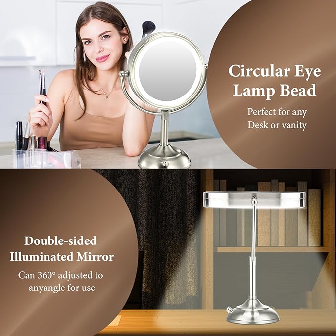 VESAUR 2026 Upgraded 9" Lighted Makeup Mirror, 5000mAh Rechargeable 1X/10X/20X HD Magnifying Mirror with 3 Lights Colors, Brightness Adjustable, 360° Rotation Seamless Vanity Mirror, Nickel, Gift Box