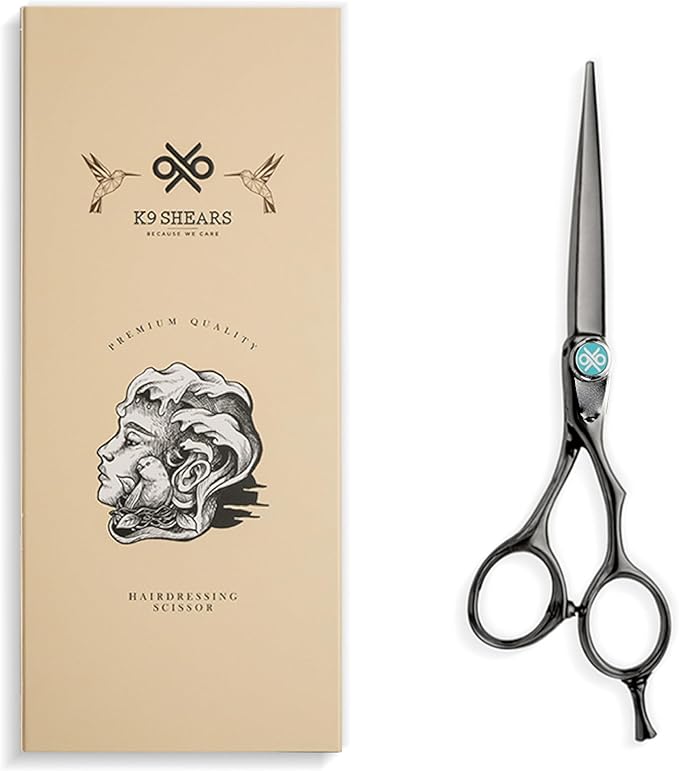 6" Professional Hair Scissors – Barber Shears Made with Titanium-Black VG-10 Steel, 3× Wear & Rust Resistance, Ergonomic Offset Handle and Convex Blade, Anti-Glare Matte Finish | K9 Shears