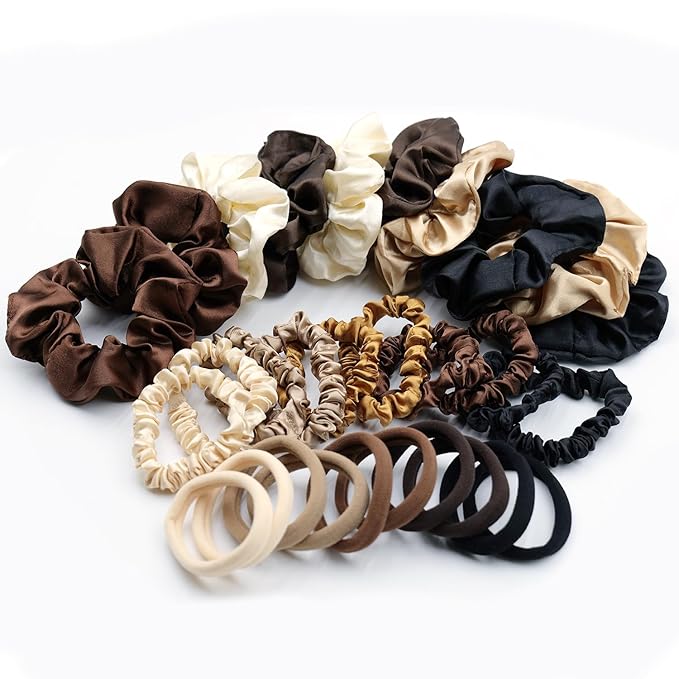 30 Pcs Hair Ties Scrunchies Set for Women - Big Satin Scrunchie for Girls Elastic Hair Bands Small Hair Tie for Thick Thin Hair Ponytail Accessories for Birthday Party Daily Use, Neutral Color
