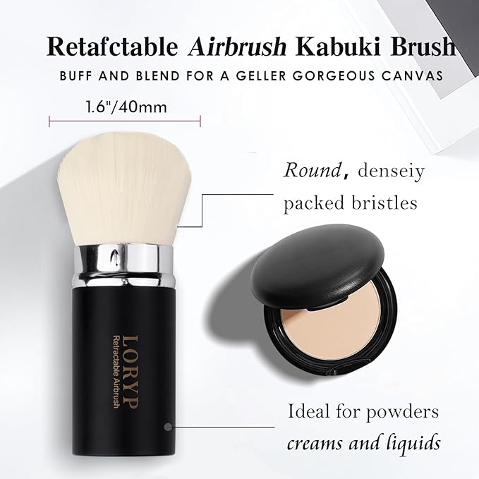 LORYP Retractable Makeup Brush Matte Black Kabuki Foundation Brush for liquid Cream and Powder Makeup 2 Pack Travel Makeup Brush Set