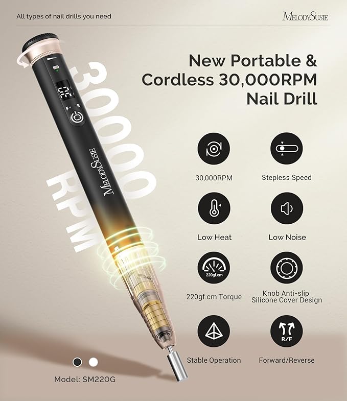 MelodySusie Pen-Shaped Stepless Speed Adjustment Cordless Nail Drill, SM220G 30000RPM Portable Rechargeable E-File with Rotary Lock for All Manicure Shaping & Acrylic Gel Removal for Pros at Home
