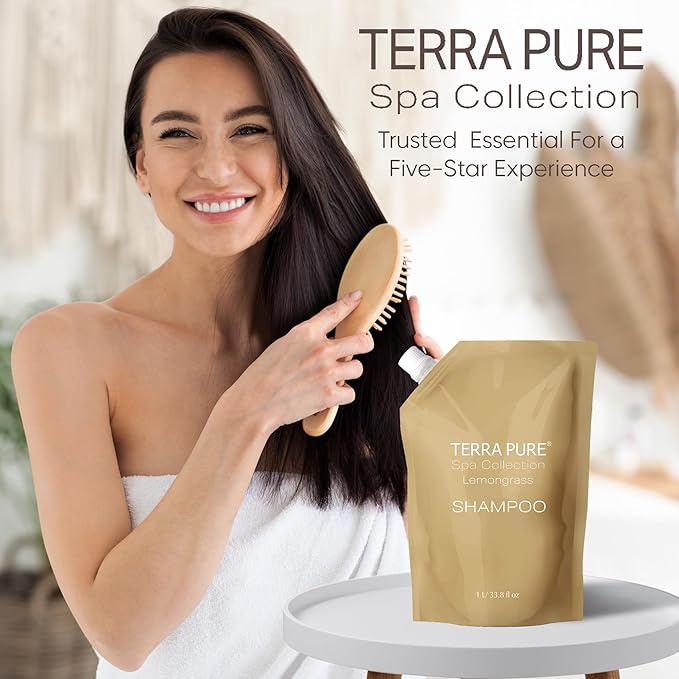 Terra Pure Spa Collection 1 Liter Shampoo Refill Bag For Soap Dispensers | Bulk Toiletries for Vacation Rentals, and Home Bathroom Showers | Green Tea Lemongrass | Set of 3
