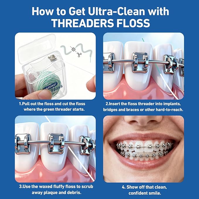 RAZOKO Threader Floss for Braces,Implants,Bridges-130 Count Pre-Measured Strands 2-in-1 Expanding Waxed Dental Floss for Deep Clean,Light Mint Flavored