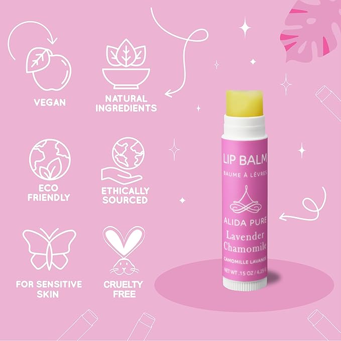 ALIDA PURE Lavender Chamomile Lip Balm Collection, Vegan Set, Beeswax Free, with Organic Jojoba and Avocado Oil, Vitamin E, Natural Moisturizer for Dry, Chapped Lips, 3 Tube Set