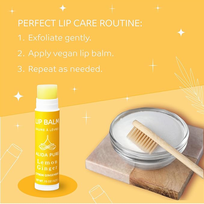 ALIDA PURE Lemon Ginger Lip Balm Collection, Vegan Set, Bees Wax Free, with Organic Jojoba and Avocado Oil, Vitamin E, Natural Moisturizer For Dry, Cracked, or Chapped Lips, 3 Tube Set