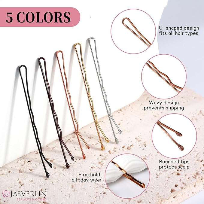 2" 250 Pcs Bobby Pins Black Brown Blonde Silver Kit Set, Hair Pins for Buns Decorative Bulk Curved Secure Hold Updo Hair Styling Accessories Women Girls (5cm)